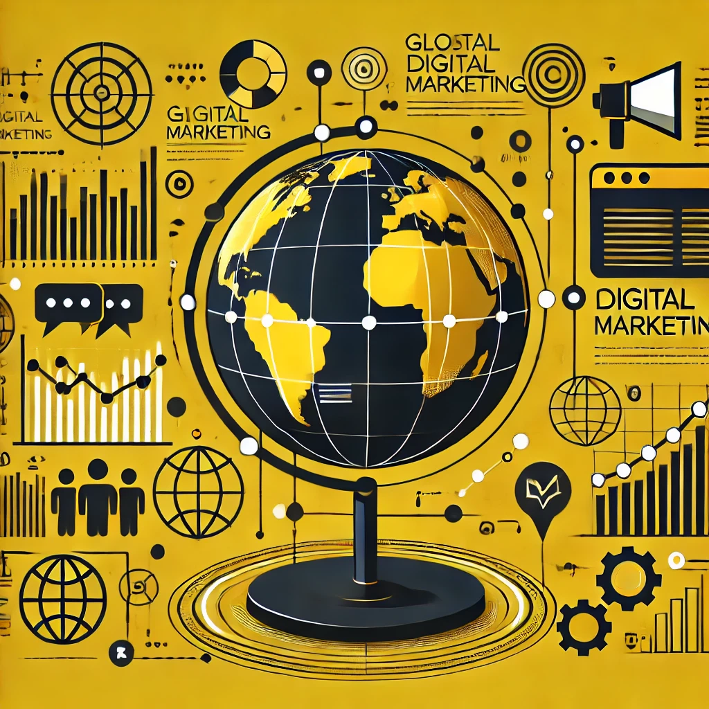 An illustration representing global digital marketing, featuring a globe, interconnected data streams, and marketing icons like charts, social media s