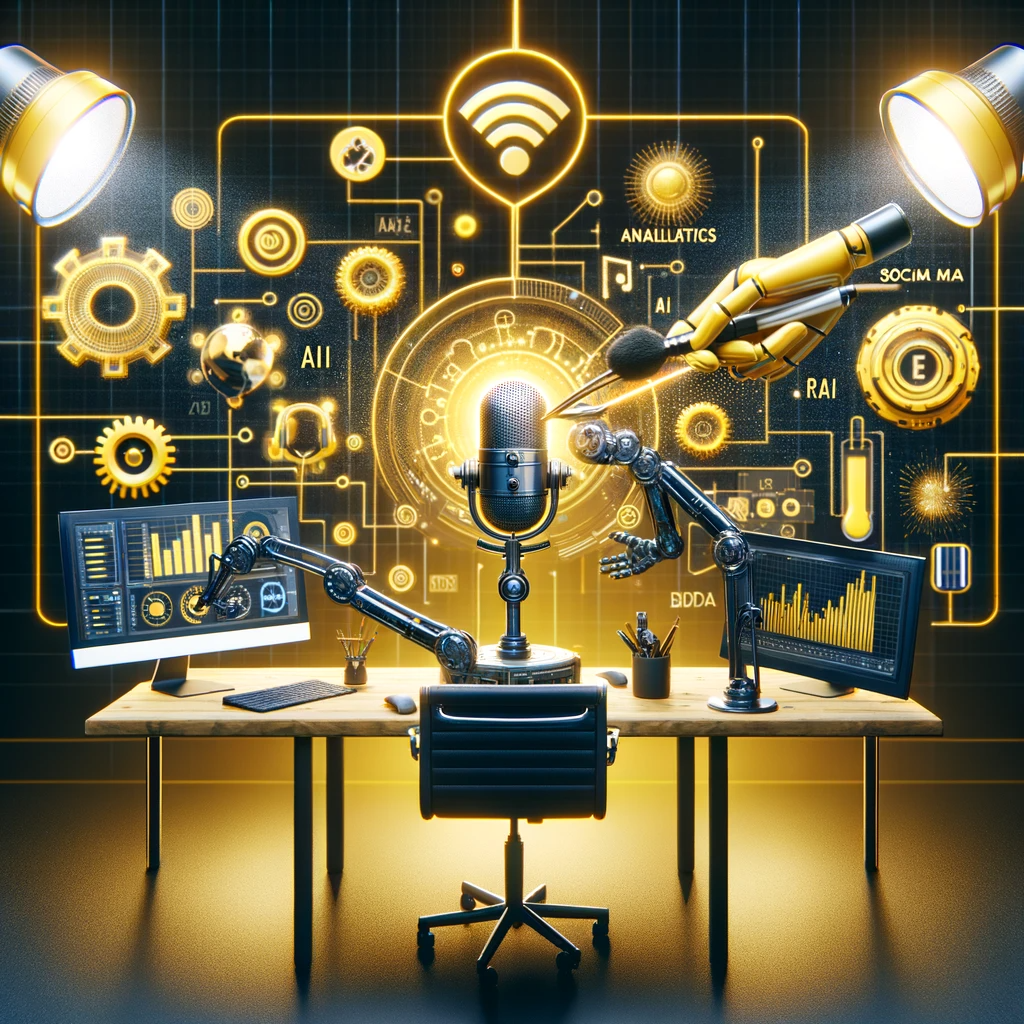 Create a photo-realistic image illustrating the powerful impact of artificial intelligence (AI) in the realm of podcasting, social media, and content