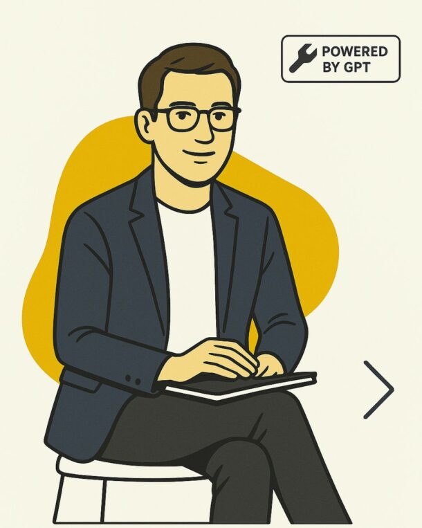 Moderne digitale Illustration eines Mannes mit Brille, sitzend mit Tablet, mit "Powered by GPT" Symbol.