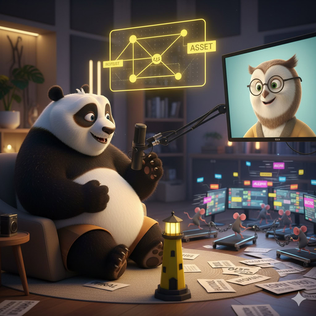 Panda und Eule in einem Büro mit Computerbildschirmen und künstlichen Mäusen, Digitaler Kommunikation, Social Media, Podcast-Produktion, kreative Arbeitsumgebung.