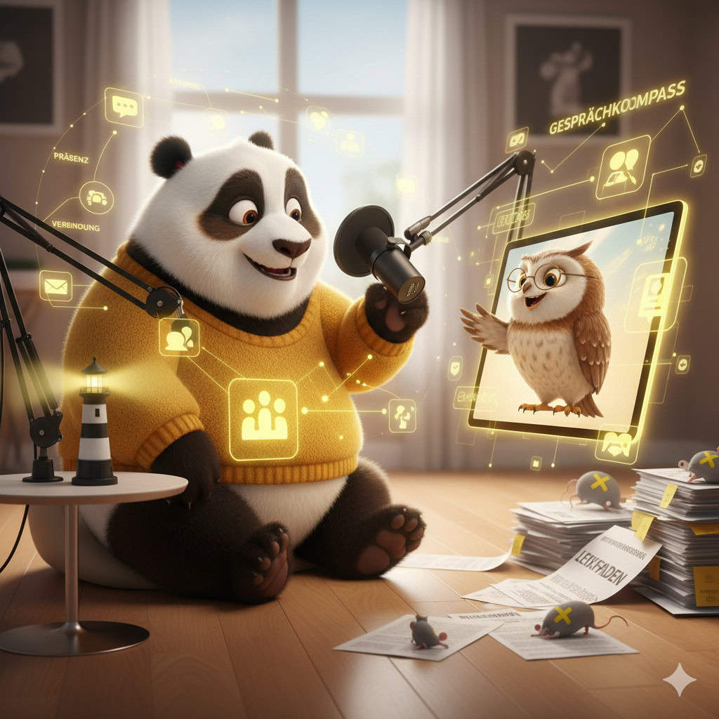 Panda mit Notizblock und leuchtenden Skript-Symbolen in modernem Podcast-Studio: Warnung vor starren Podcast-Skripten – TheAngryTeddy Communications