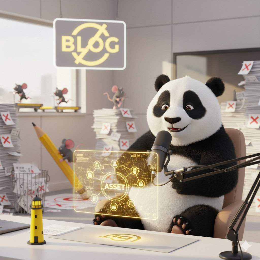 Panda im Büro spricht in Mikrofon, umgeben von Akten und Maus-Figuren, mit Blog- und Asset-Themen.