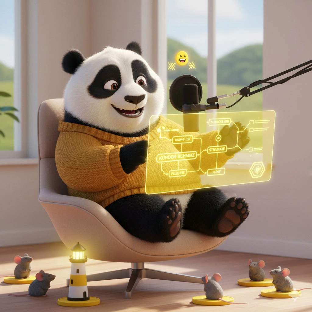 Illustration eines Pandas am Mikrofon in einem modernen Podcast-Studio: Visualisierung für die Suche nach dem richtigen Podcast-Thema – TheAngryTeddy Communications