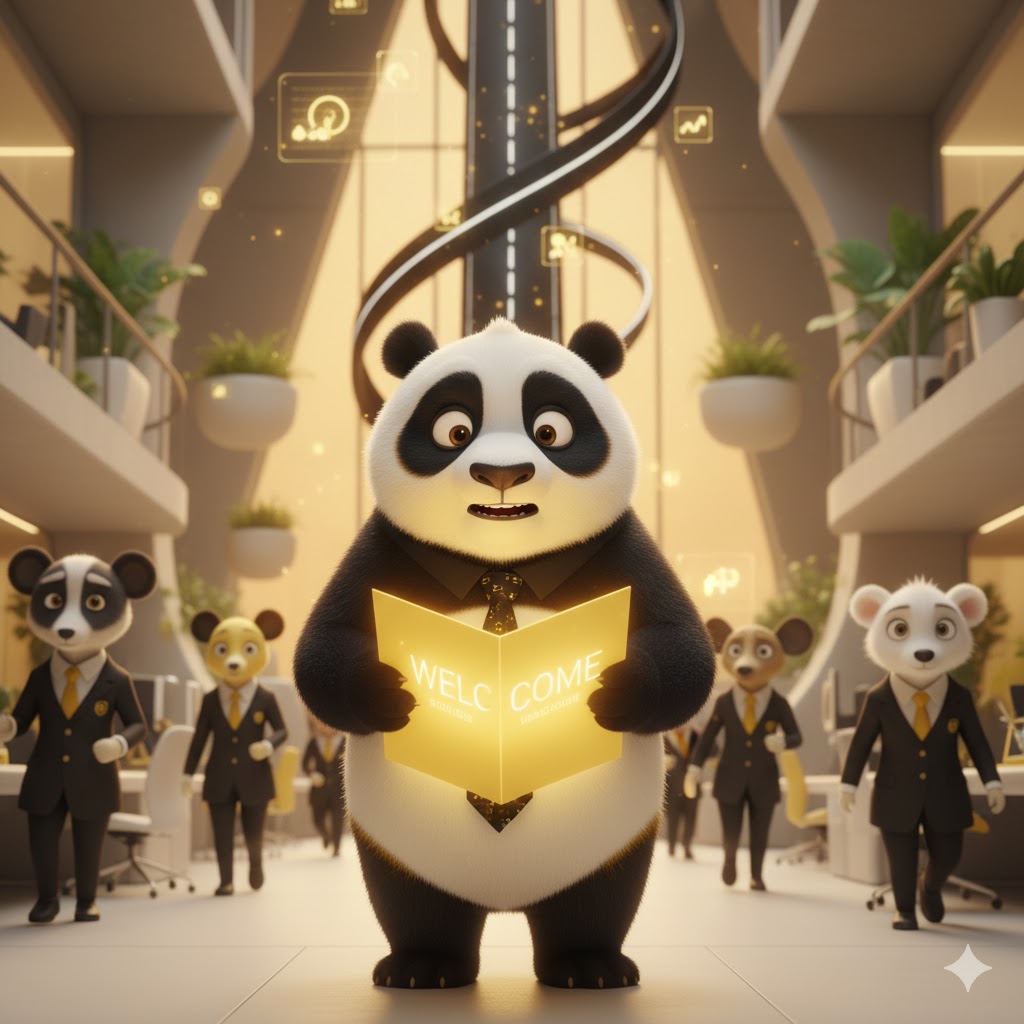 Niedlicher Panda-Kampagnenbotschafter hält Willkommen-Schilder in moderner Büroumgebung.