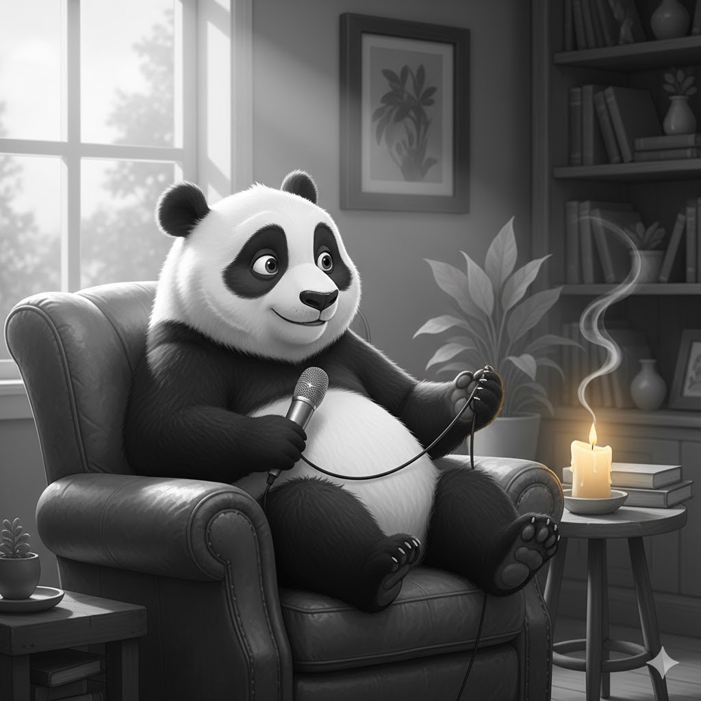 Gemütlicher Pandabär beim Podcast aufnehmen im Wohnzimmer, entspannt mit Mikrofon und Kerze .