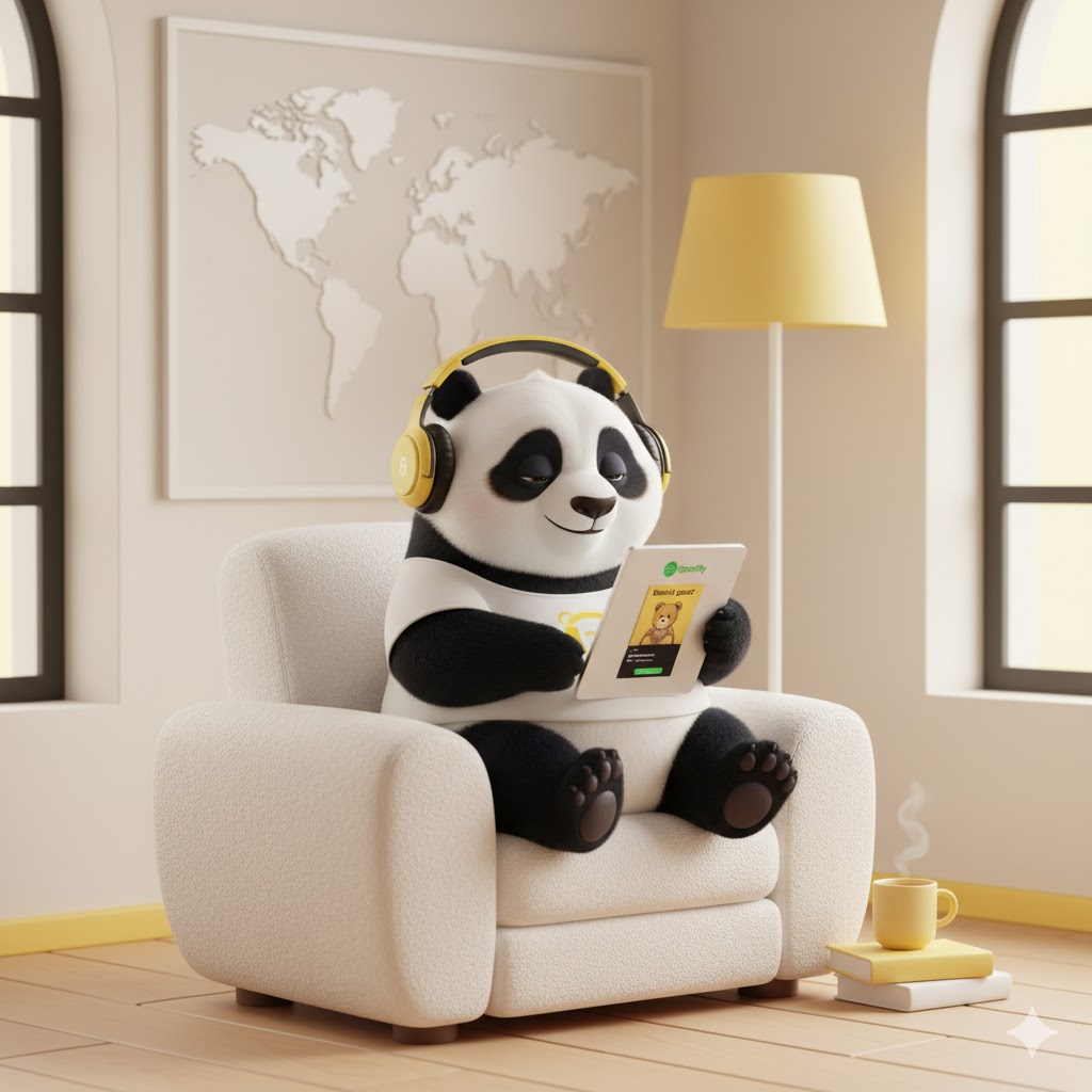 spotify podcast sichtbarkeit Niedlicher Panda mit Kopfhörern liest Tablet im Wohnzimmer.